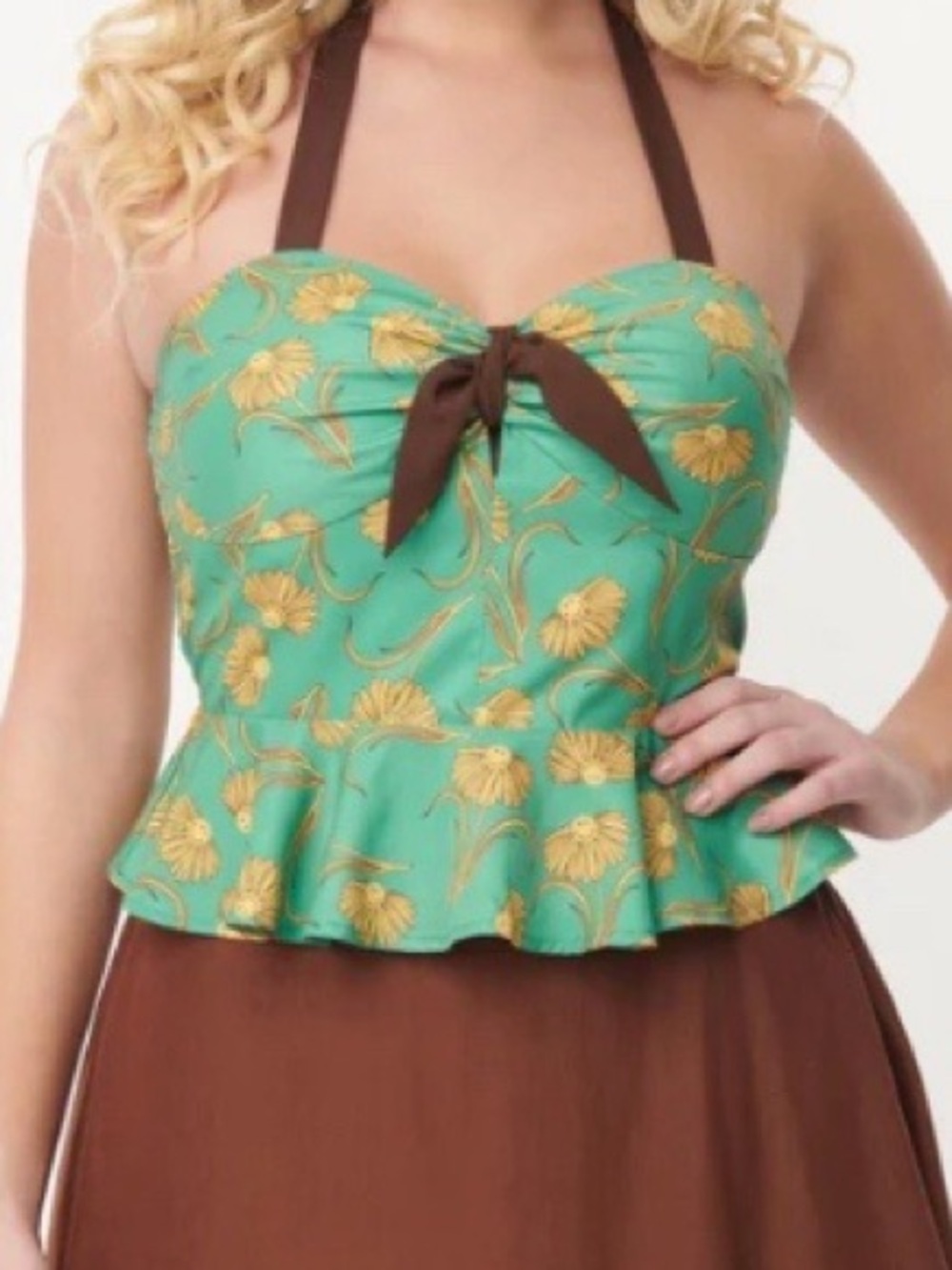 Unique Vintage x Smiley Collab Daisy Halter Top Smocked Turquoise Green Size L